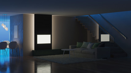 Modern house interior. Night. Evening lighting. 3D rendering.