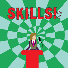 Handwriting text Skills. Conceptual photo ability do something very well by nature Businesswoman Standing Behind Podium Rostrum Speaking on Wireless Microphone