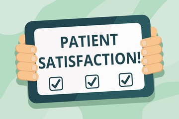 Handwriting text Patient Satisfaction. Conceptual photo measure of the extent to which a patient is content Color Tablet Smartphone with Blank Screen Handheld from the Back of Gadget
