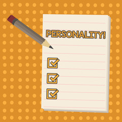 Conceptual hand writing showing Personality. Concept meaning combination characteristics that form individuals character Pencil with Eraser and Pad on Two Toned Polka Dot Background