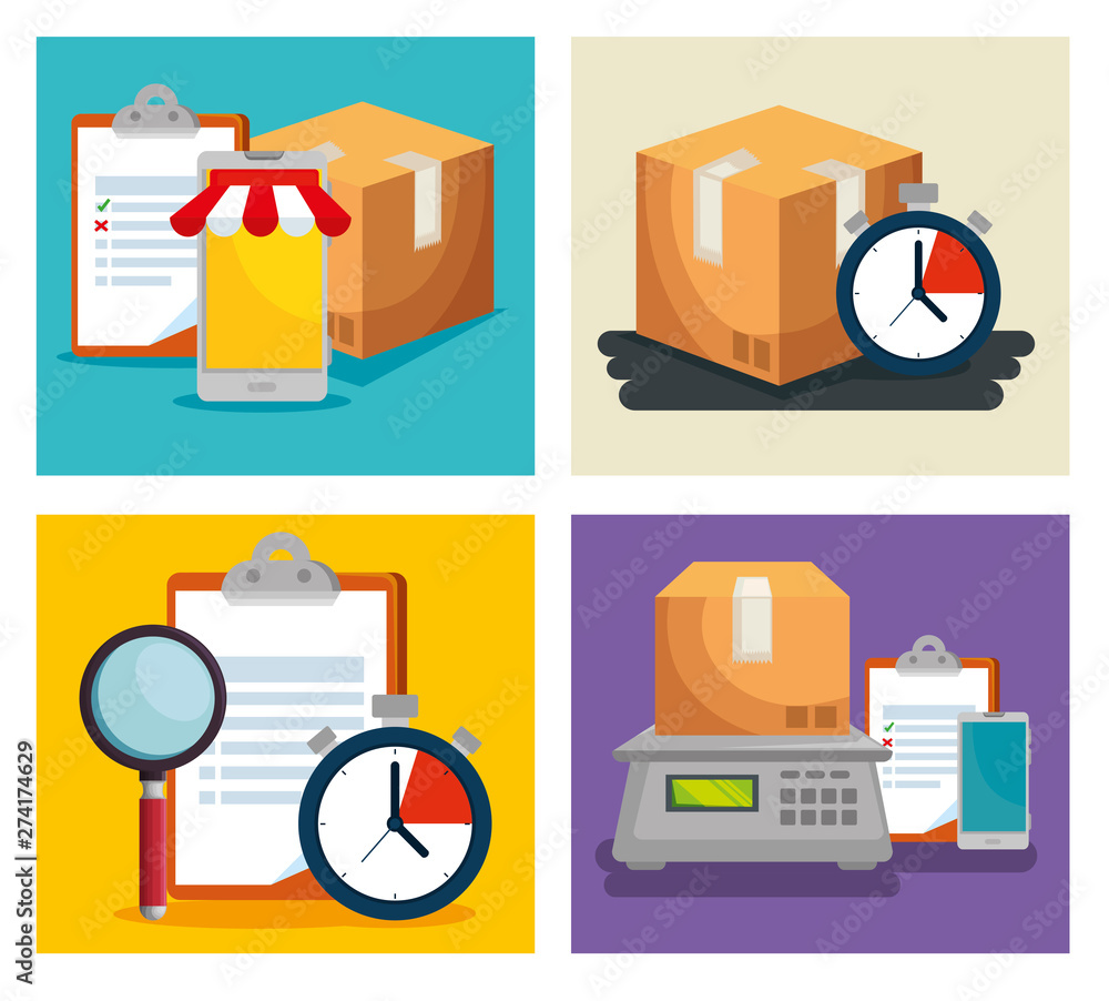 Poster set of boxes packages with chrornometer and check list