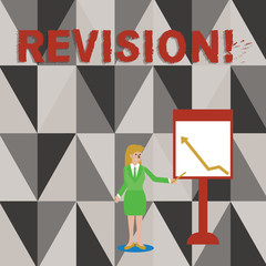 Conceptual hand writing showing Revision. Concept meaning action of revising over someone like auditing or accounting Woman Holding Stick Pointing to Chart of Arrow on Whiteboard