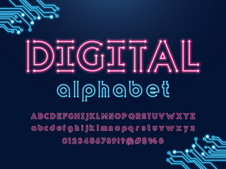 Vector of circuit board neon light alphabet design