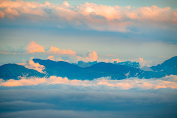 Peaks and seas of clouds under blue sky and white clouds, Emei Mountain, Sichuan Province, China