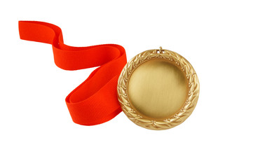 Golden medal with red ribbon isolated on white background