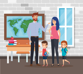 teachers couple with students boys in the school scene