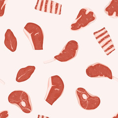 Set of red raw meats cuts.