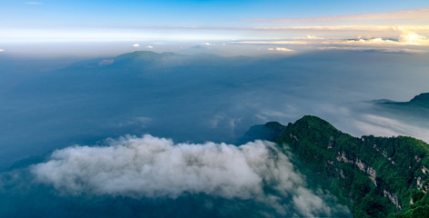 Peaks and seas of clouds under blue sky and white clouds, Emei Mountain, Sichuan Province, China