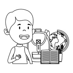 happy student boy with schoolbag and world map