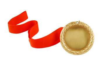 Golden medal with red ribbon isolated on white