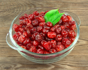 Bowl with tasty cherries on wooden background.