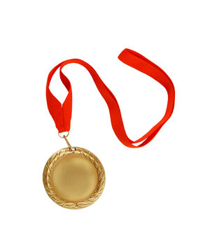 Gold medal with red ribbon isolated on white