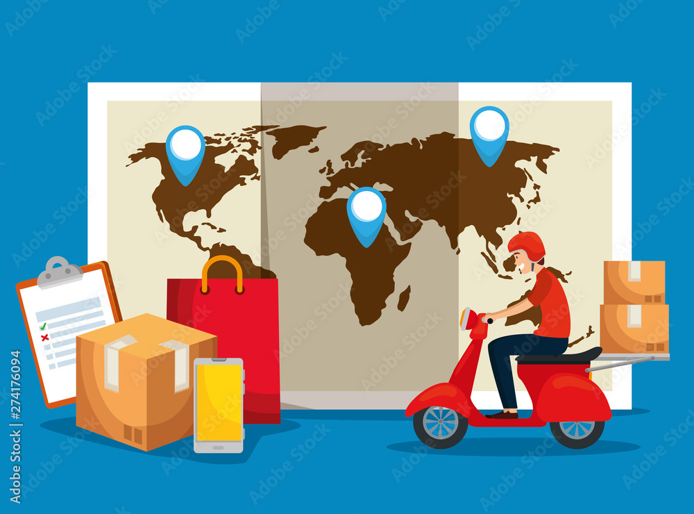 Poster global map with location sign and boxes packages