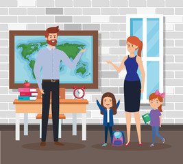 teachers couple with students girls in the school scene