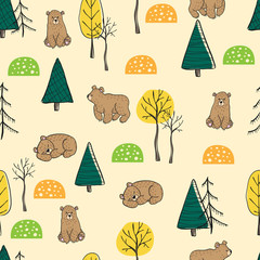 Vector seamless pattern with hand draw cartoons bears with tree, berry, flowers and absract shape and dots in skandinavian style. Childish background with cute bears in forest.