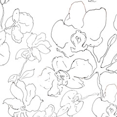 Seamless laconic graphic contour seamless pattern with orchid. Hand-painted pen, handmade.