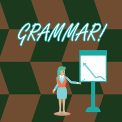 Word writing text Grammar. Business photo showcasing whole system structure language syntax and morphology Businesswoman Holding Stick Pointing to Chart of Arrow Upward on Whiteboard