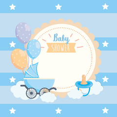 label of balloons and pacifier with carriage decoration