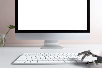 Fototapeta premium Robot hand, ordering on a laptop keyboard, an exchange trade. Robot trading system is a computer trading program that automatically submits trades to an exchange without any human interventions.