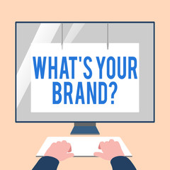 Handwriting text What S Your Brand Question. Conceptual photo asking about product logo does or what you communicate Hands on Mockup Keyboard Front of Blank White Monitor with Screen Protector