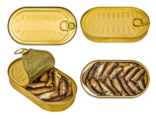 Set of tin jar of canned golden smoked Baltic sprats in vegetable oil.  White background, Isolated.