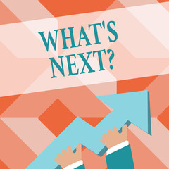 Writing note showing What S Next Question. Business concept for asking demonstrating about his coming action or behavior photo of Hand Holding Colorful Huge 3D Arrow Pointing and Going Up