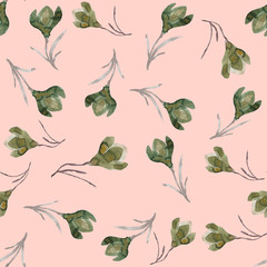 Seamless pattern with watercolor red crocuses on a white background. Hand painted paints, handmade.