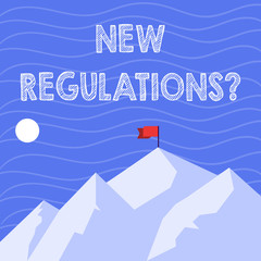 Text sign showing New Regulations Question. Business photo showcasing rules made government order control way something is done Mountains with Shadow Indicating Time of Day and Flag Banner on One Peak