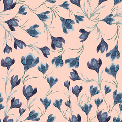 Seamless watercolor pattern with crocuses. Handwork, print for textiles and fabrics. - 274177460