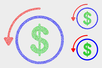 Dot and mosaic undo payment icons. Vector icon of undo payment combined of irregular circle dots. Other pictogram is constructed from dots.