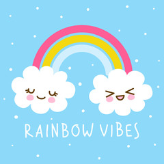 Couple of cute cartoon clouds with rainbow on blue sky background