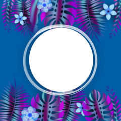 Fototapeta na wymiar Summer advertising template promotional sale floral banner with trend holographic tropical plant leaves background