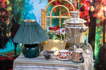 Traditional russian and georgian samovar tea on table. Tea time.