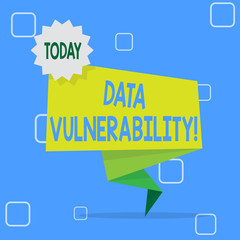 Handwriting text Data Vulnerability. Conceptual photo weakness of a data which can be exploited by an attacker Blank Space Green Two Tone Folded Back Banner Strip with Seal Stamp Sticker