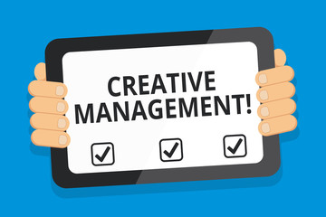 Word writing text Creative Management. Business photo showcasing Managing of creative thinking skills and mental process Color Tablet Smartphone with Blank Screen Handheld from the Back of Gadget