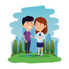 happy little students couple in the field