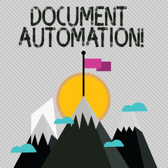 Text sign showing Document Automation. Business photo text workflows that assist in creation of electronic document Three High Mountains with Snow and One has Blank Colorful Flag at the Peak