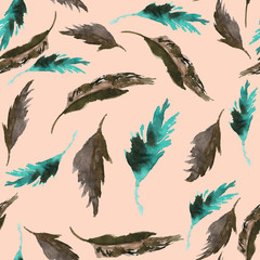 Watercolor feathers seamless pattern. Hand painted texture with various multicolor bird feathers on white background. - 274179800