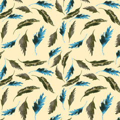 Watercolor feathers pattern. Hand painted texture with various multicolor bird feathers on white background. - 274179855