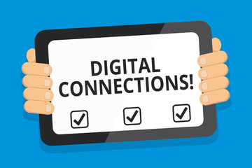 Word writing text Digital Connections. Business photo showcasing the online way to explore and build relationships Color Tablet Smartphone with Blank Screen Handheld from the Back of Gadget