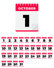 October. Vector flat daily calendar set. Icon