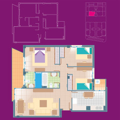 House plan with sketched furniture and distribution.