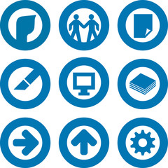 Set of nine printer icon in blue. Round by circle.