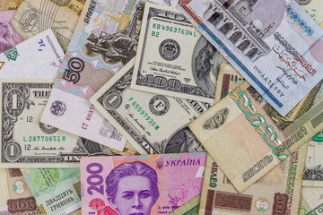 Multicurrency background of US dollars, Russian rubles, Belarusian rubles, Egyptian pounds and Ukrainian hryvnias