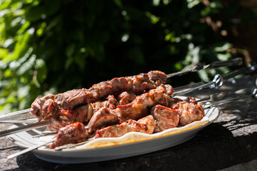 Grilled shashlik in the smoke. Cooking process