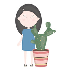 cute little girl with cactus in ceramic pot