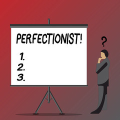 Text sign showing Perfectionist. Business photo showcasing Person who wants everything to be perfect Highest standards Businessman with Question Mark Above his Head Standing Beside Blank Screen