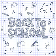 Back to school vector hand drawn sketch lettering inscription with decorative elements.