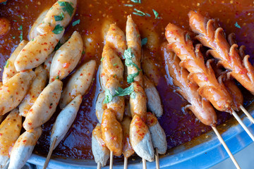 Fried food with sticks, Thai style food, Street food in Bangkok, Thailand