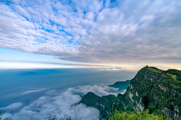Peaks and seas of clouds under blue sky and white clouds, Emei Mountain, Sichuan Province, China